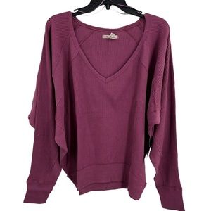 Free People Oversized V-Neck Waffle Knit Sweater in Plum
